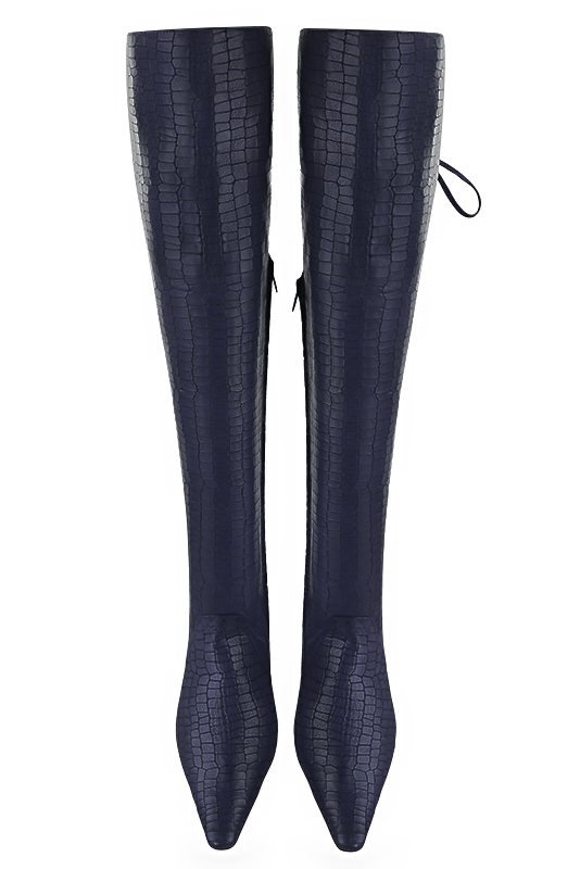 Navy blue women's leather thigh-high boots. Tapered toe. Low block heels. Made to measure. Top view - Florence KOOIJMAN